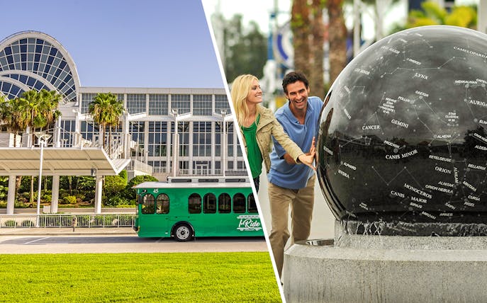 Orlando Convention Center with green trolley and couple at celestial globe.