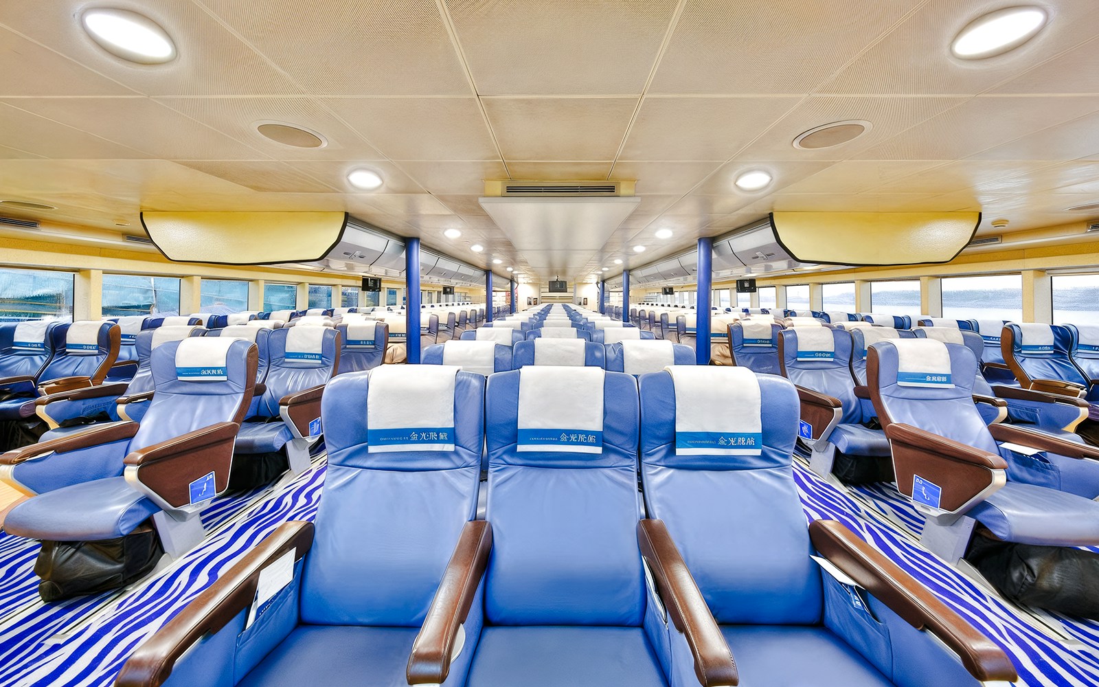 Interior seating of Cotai Water Jet Ferry between Hong Kong Island and Macau.