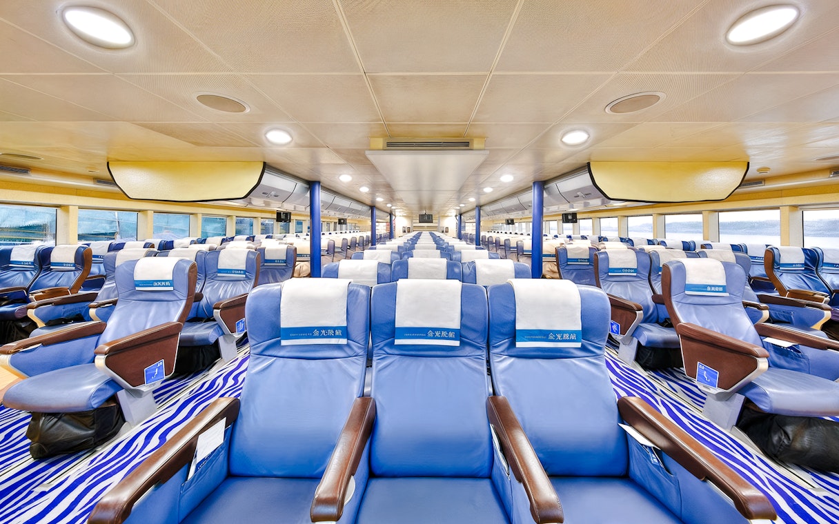 Interior seating of Cotai Water Jet Ferry between Hong Kong Island and Macau.