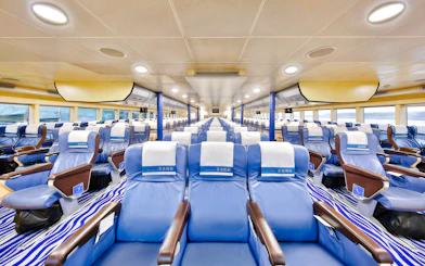 Interior seating of Cotai Water Jet Ferry between Hong Kong Island and Macau.