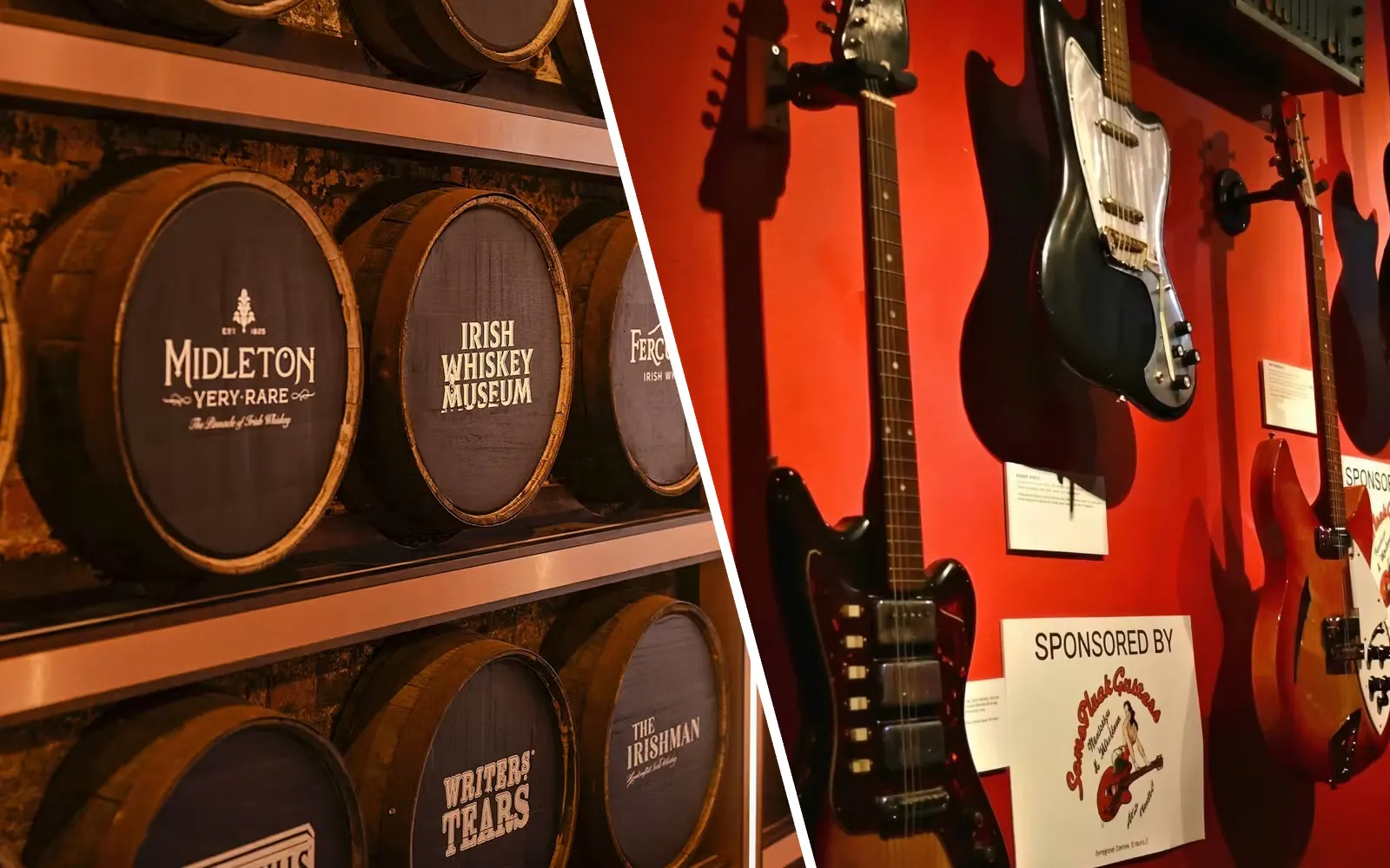 Barrels at Irish Whiskey Museum and guitars at rock and roll museum display.