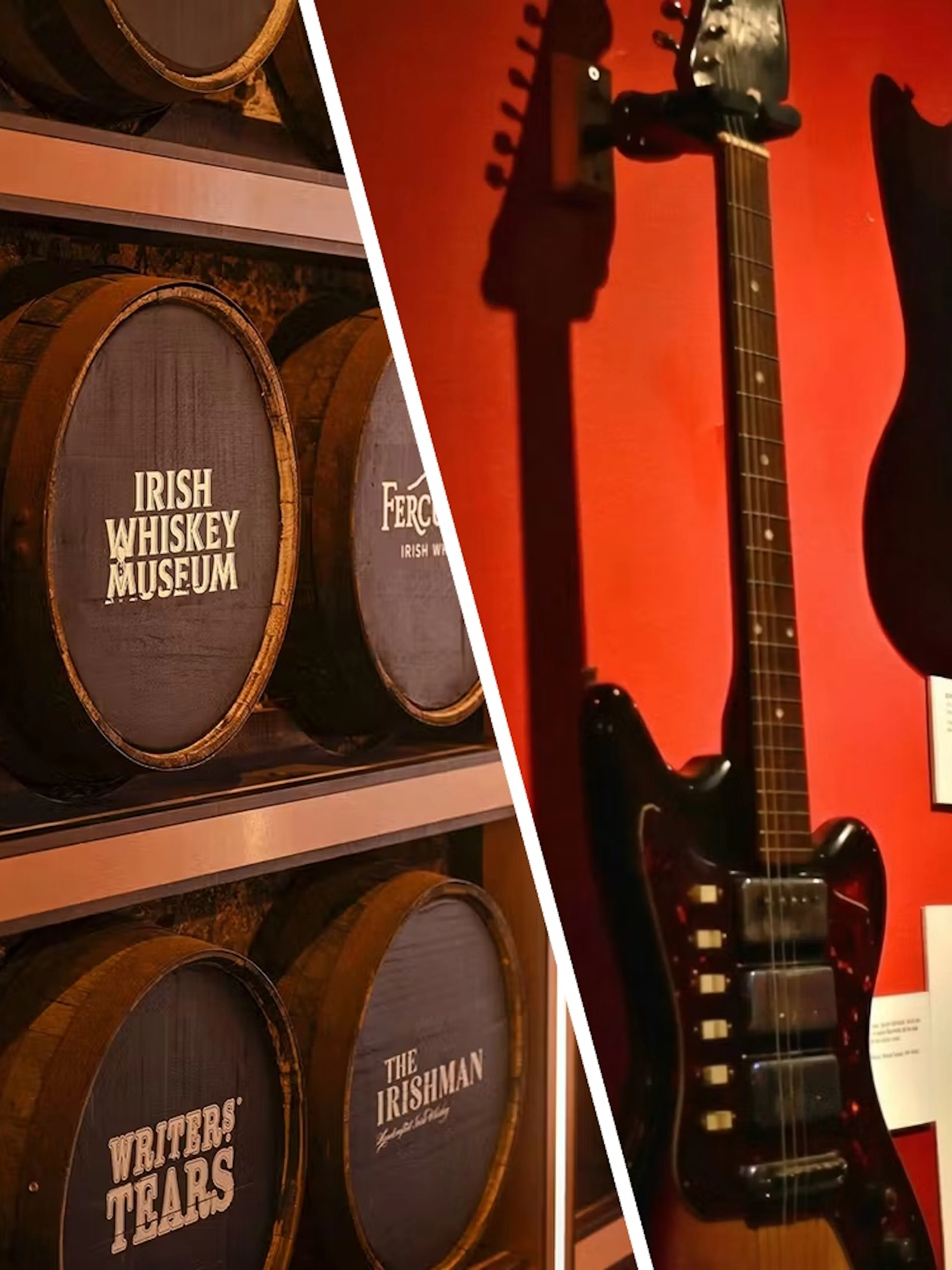 Barrels at Irish Whiskey Museum and guitars at rock and roll museum display.
