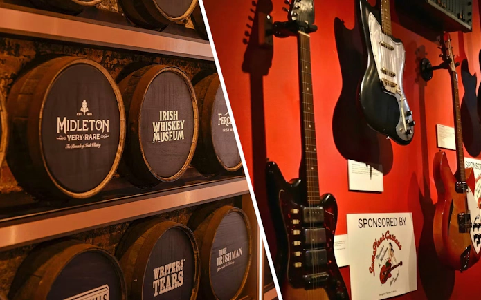 Barrels at Irish Whiskey Museum and guitars at rock and roll museum display.