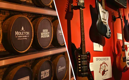 Barrels at Irish Whiskey Museum and guitars at rock and roll museum display.