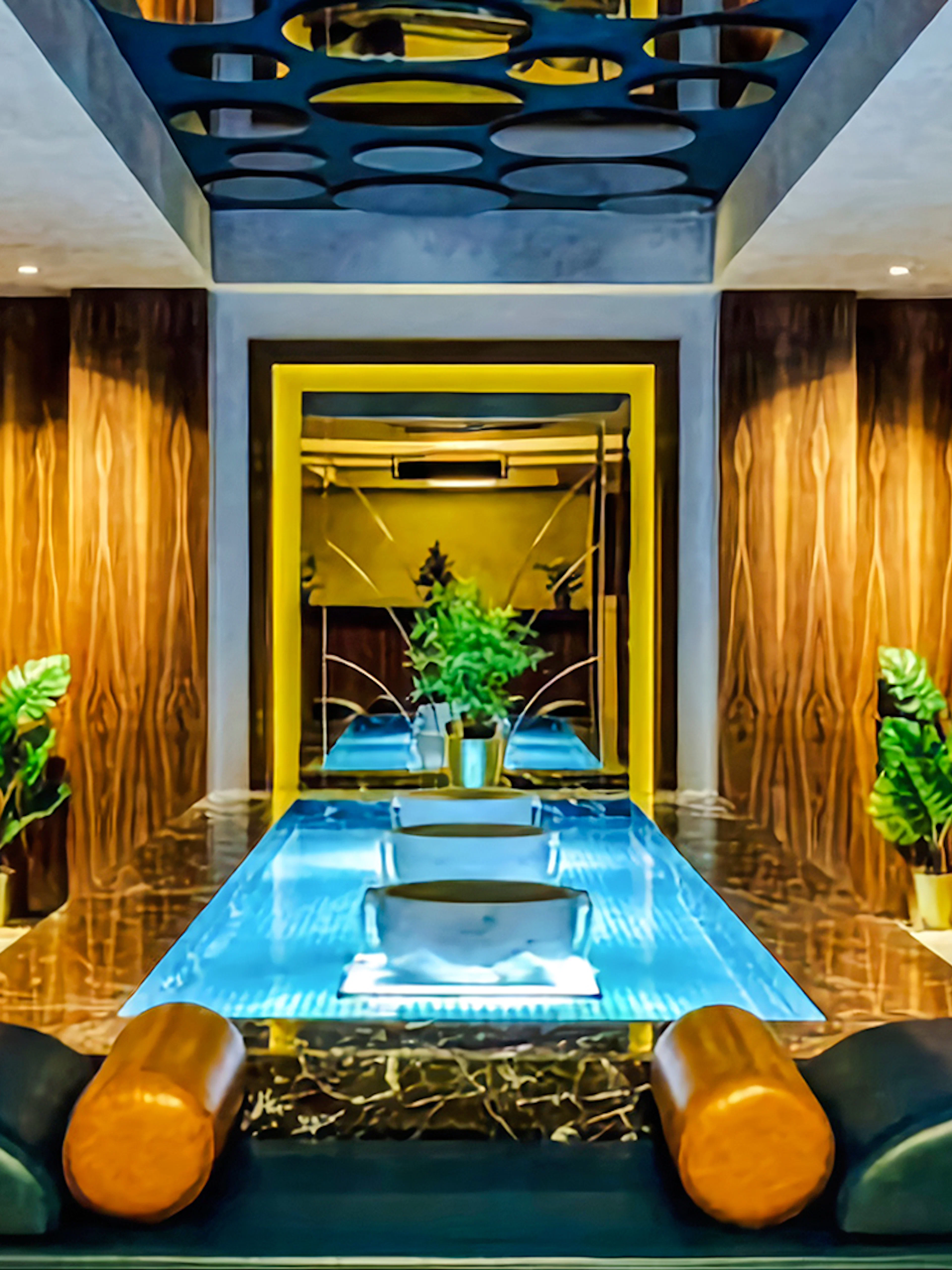 Private Turkish bath interior with central pool, wooden arches, and potted plants.