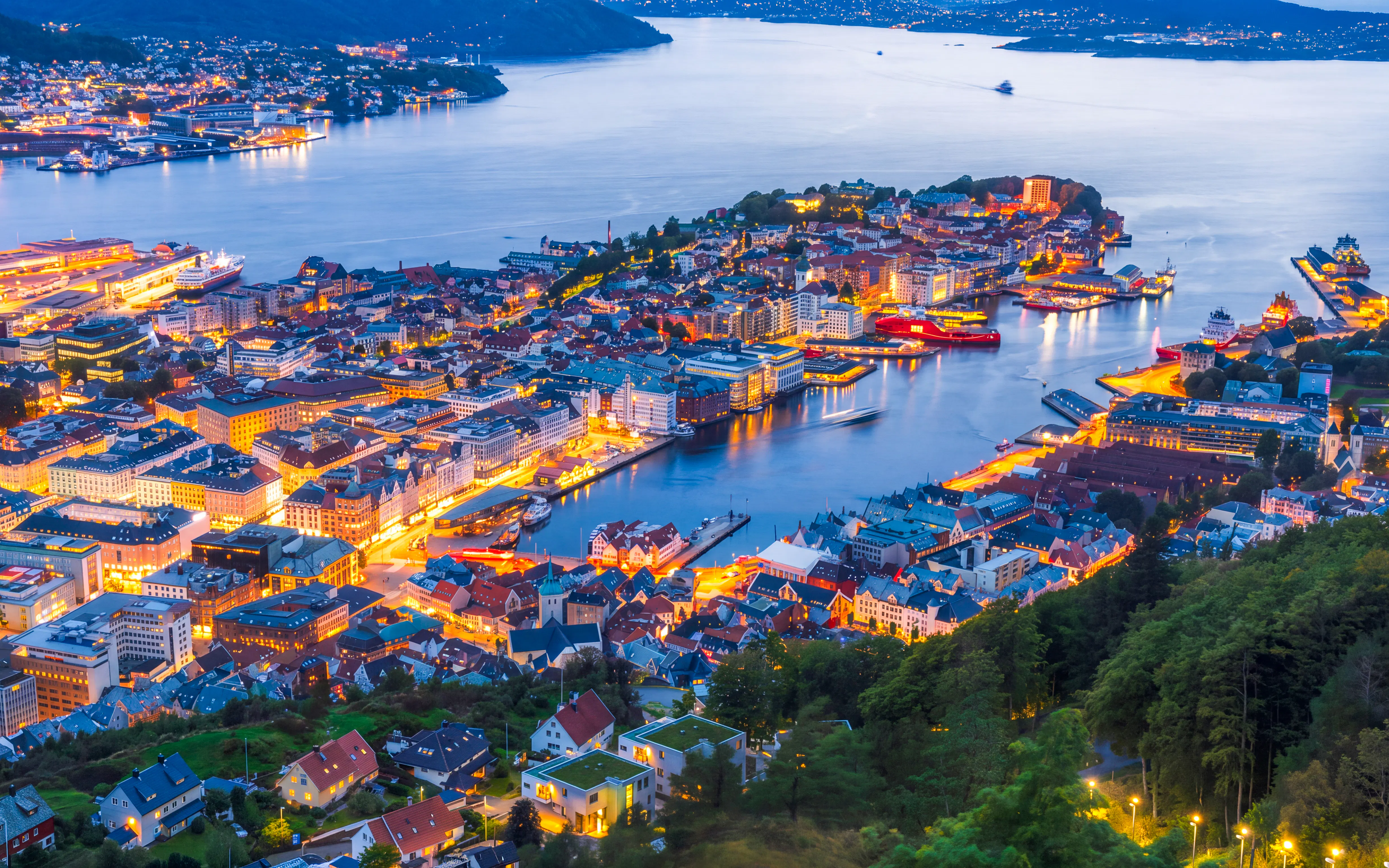 Night view of Bergen cityscape from Mount Fløyen, showcasing illuminated buildings and harbor.