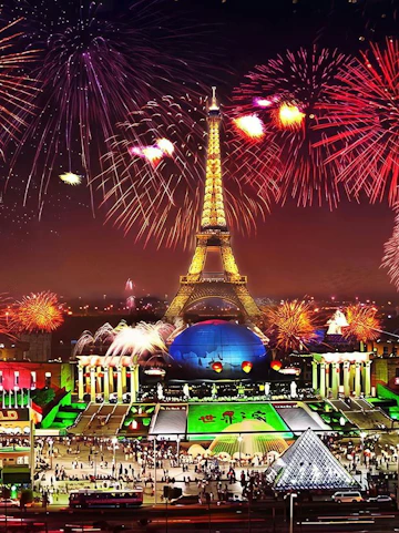 Fireworks over Eiffel Tower replica at Window of the World, Shenzhen, China.