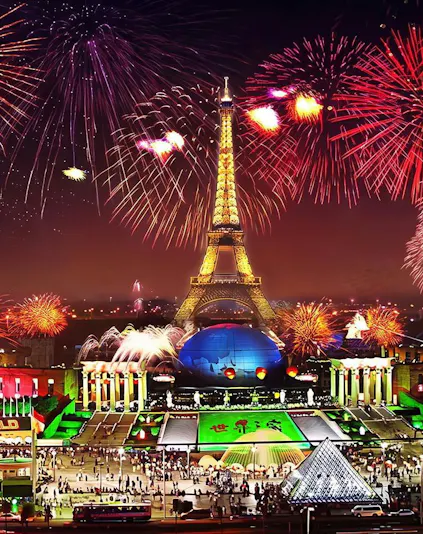 Fireworks over Eiffel Tower replica at Window of the World, Shenzhen, China.