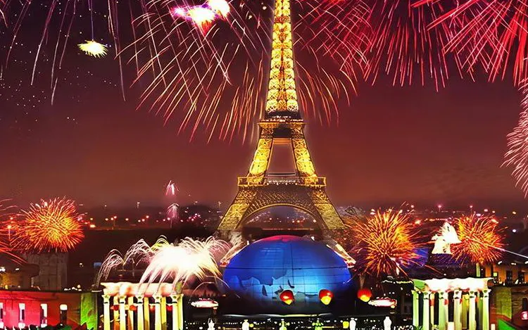 Fireworks over Eiffel Tower replica at Window of the World, Shenzhen, China.
