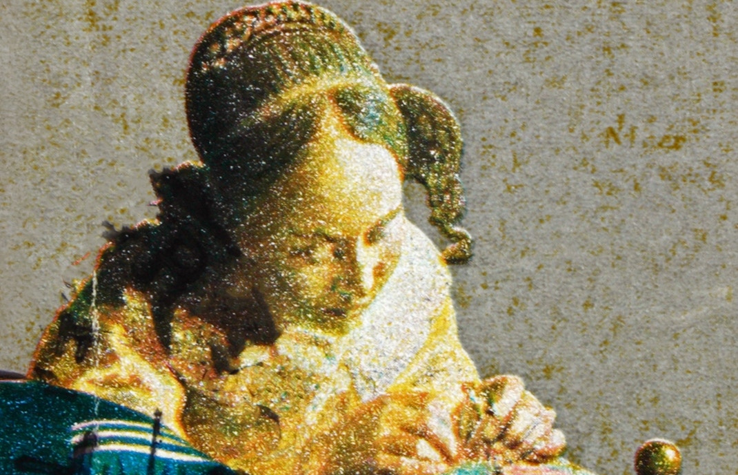 Lacemaker painting by Johannes Vermeer displayed at Louvre Museum, Paris.