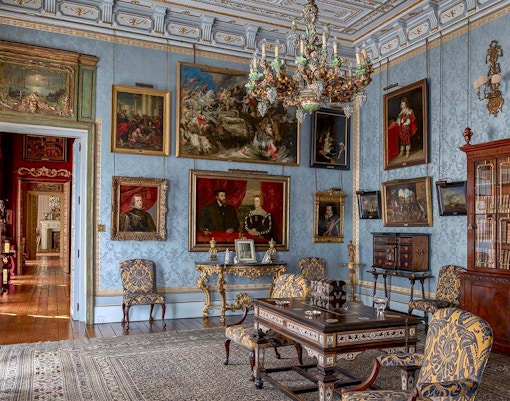Liria Palace Interior with ornate ceiling and historical paintings in Madrid.