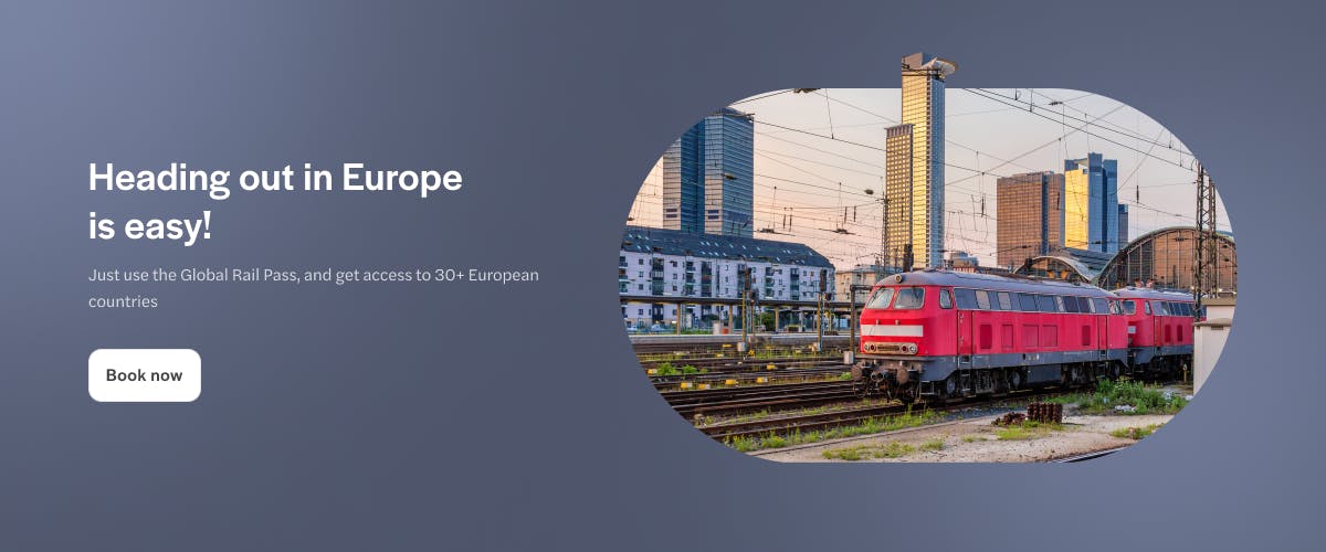 Frankfurt skyline with red train on tracks, promoting European rail travel.