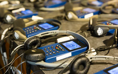 Audio guides with headphones.