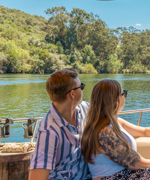 Tourists enjoying a boat ride on the Douro River with scenic vineyard views.