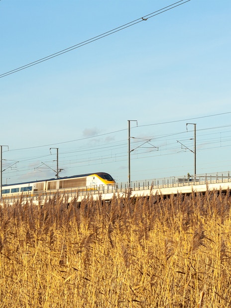 Train traveling through countryside en route to Paris for Eiffel Tower lunch.