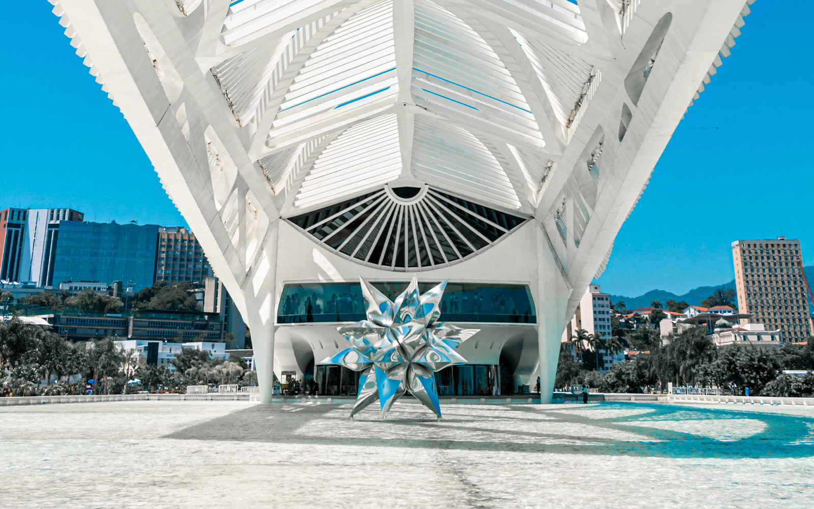 Futuristic structure over a pool at Museum of Tomorrow, Rio De Janeiro, Brazil.