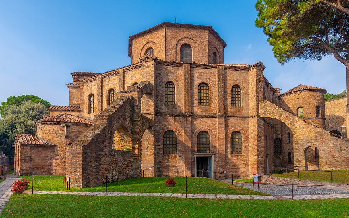 Ravenna's Basilica of San Vitale, showcasing its iconic brick architecture.