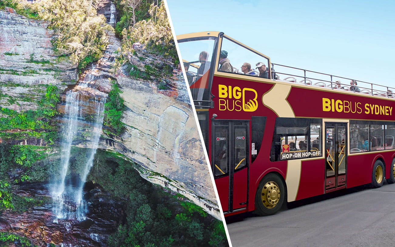 Waterfall in Blue Mountains and Big Bus Sydney tour bus.