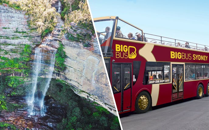 Waterfall in Blue Mountains and Big Bus Sydney tour bus.