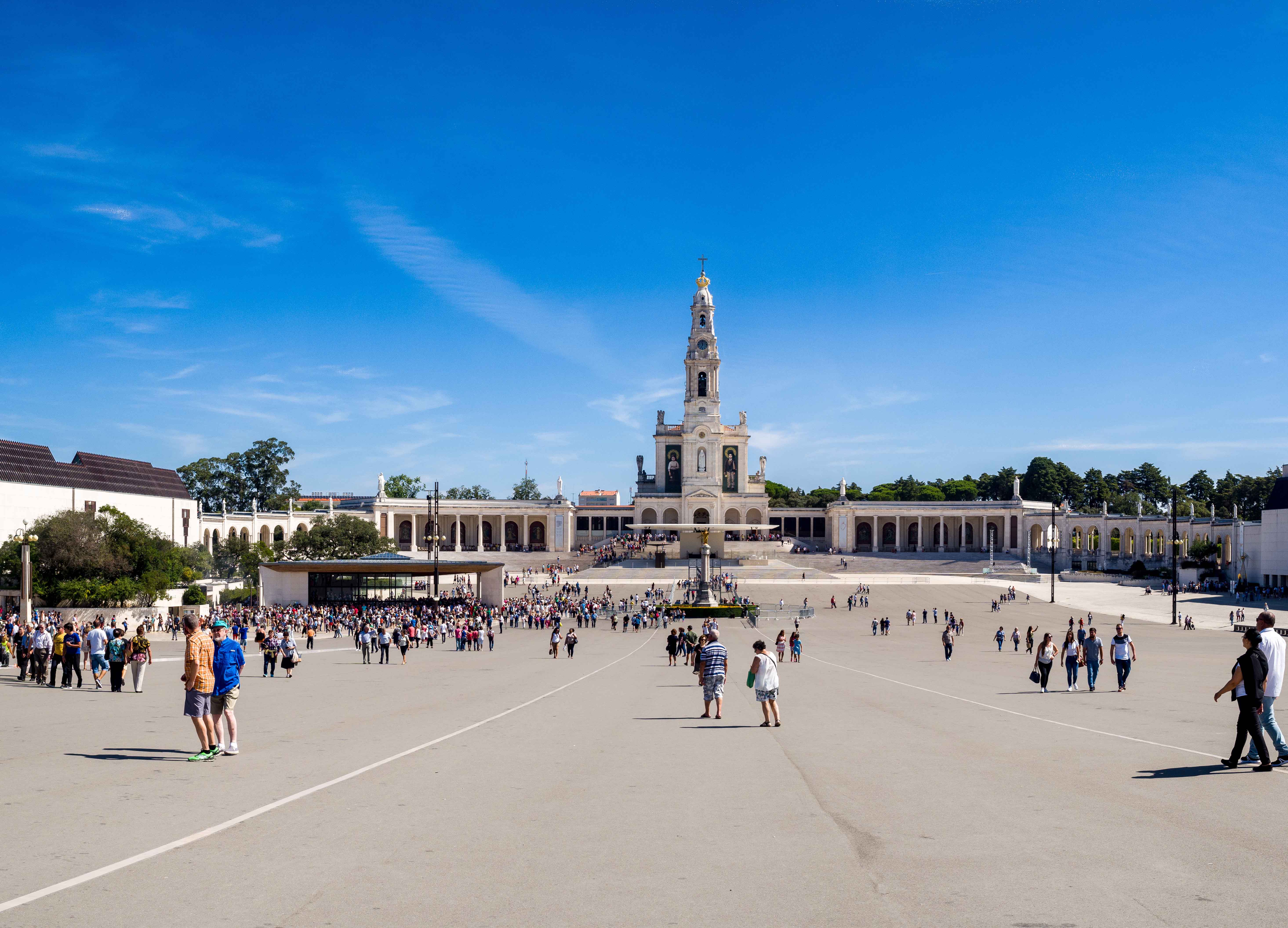 Crowds at Basilica of Our Lady of the Rosary in Fatima Sanctuary, Portugal.