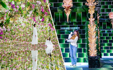 Tourists exploring vibrant floral and digital art installations at TeamLab Tokyo.