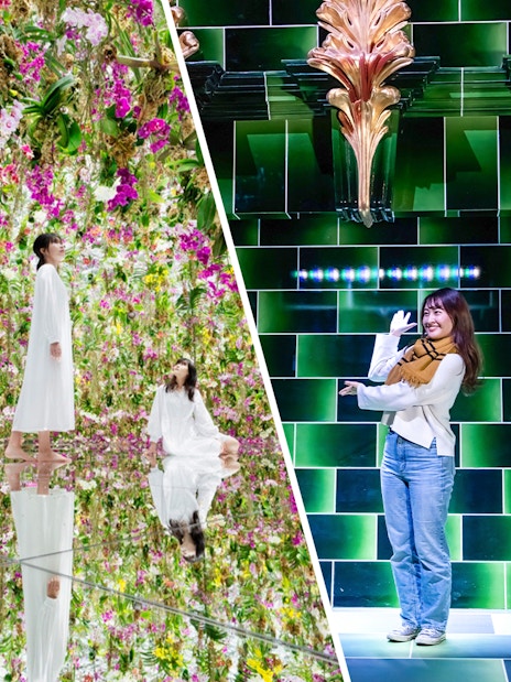 Tourists exploring vibrant floral and digital art installations at TeamLab Tokyo.