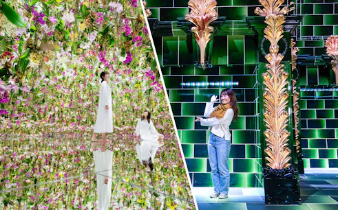 Tourists exploring vibrant floral and digital art installations at TeamLab Tokyo.