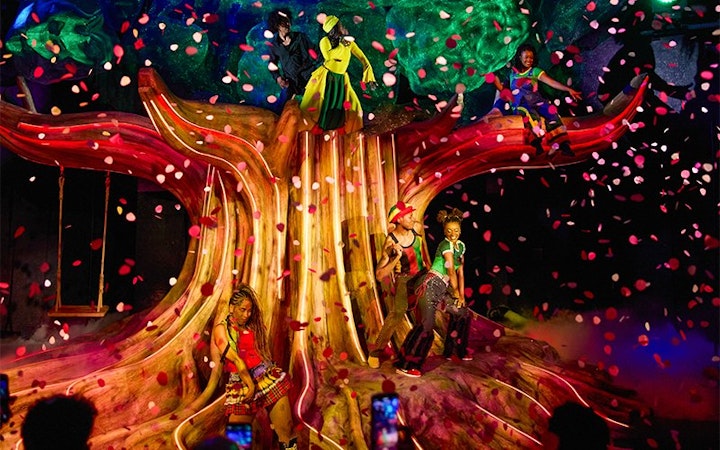 Performers on stage at Bob Marley The Show, Vegas, with vibrant costumes and confetti.