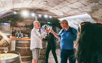 Wine tasting in Chambord Castle cellar with two people toasting glasses.