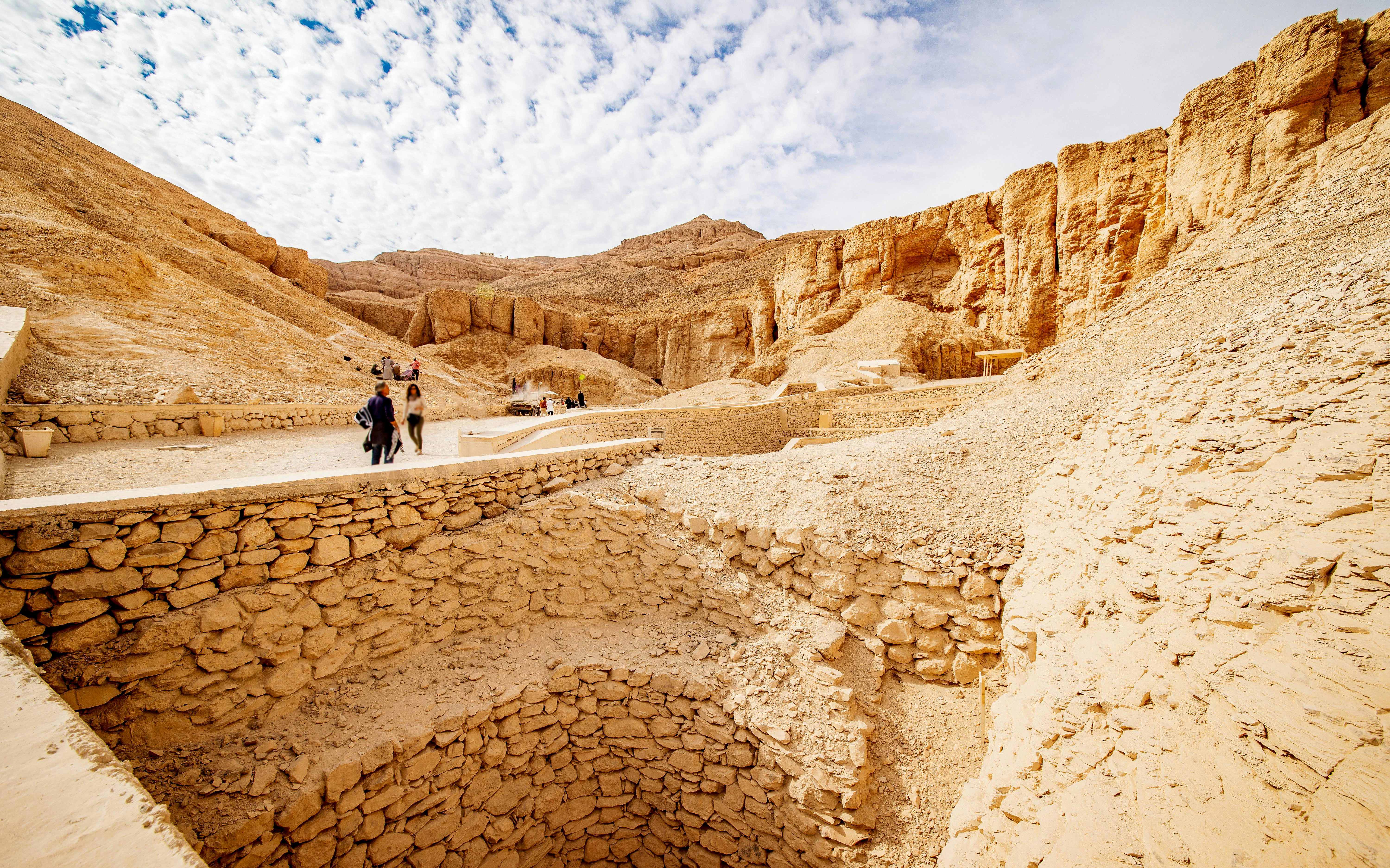 Tombs excavation site in the Valley of the Kings, Luxor, with Al Qurn peak in the background.