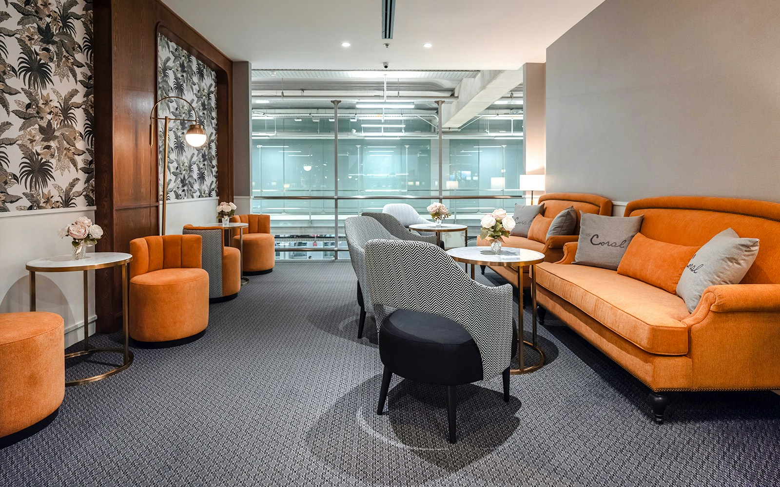 Business class lounge seating area at Coral Finest, Bangkok airport, Thailand.