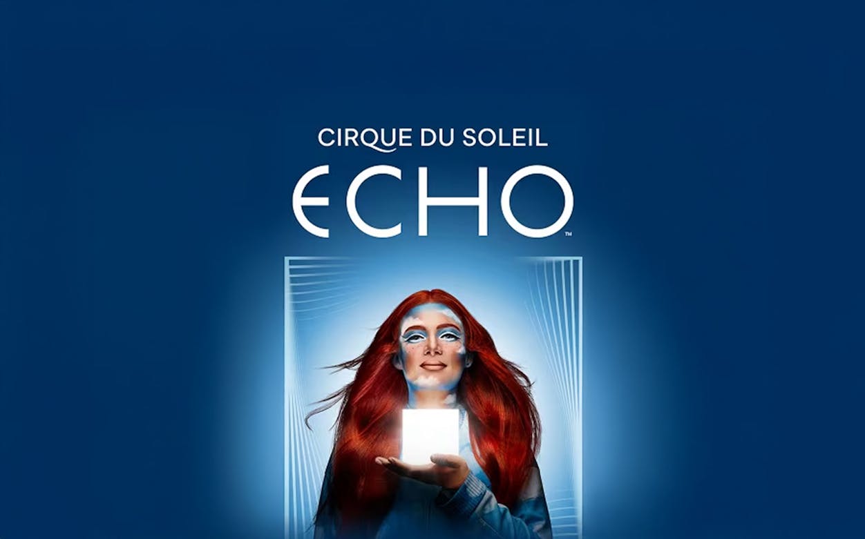 Performer holding a glowing cube under "Cirque du Soleil Echo" logo.