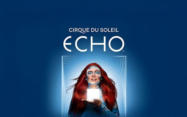 Performer holding a glowing cube under "Cirque du Soleil Echo" logo.