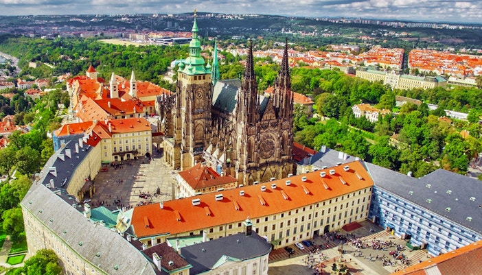 Aerial view of St. Vitus Cathedral and Prague Castle complex in Prague.