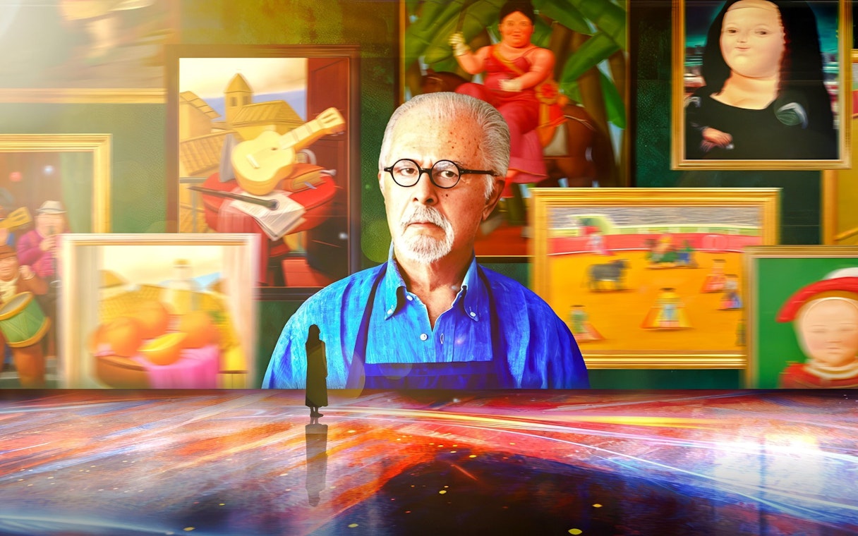 Exhibition of Botero's vibrant paintings with a visitor observing.