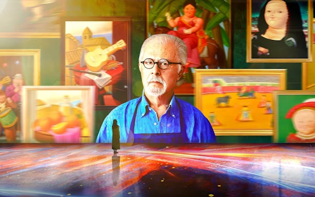 Exhibition of Botero's vibrant paintings with a visitor observing.