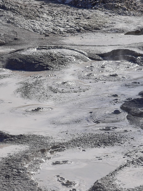 Bubbling mud pools at Wai-O-Tapu geothermal area near Rotorua, New Zealand.