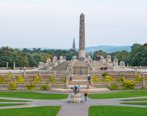 Vigeland Park statues viewed from Oslo hop-on hop-off bus tour.