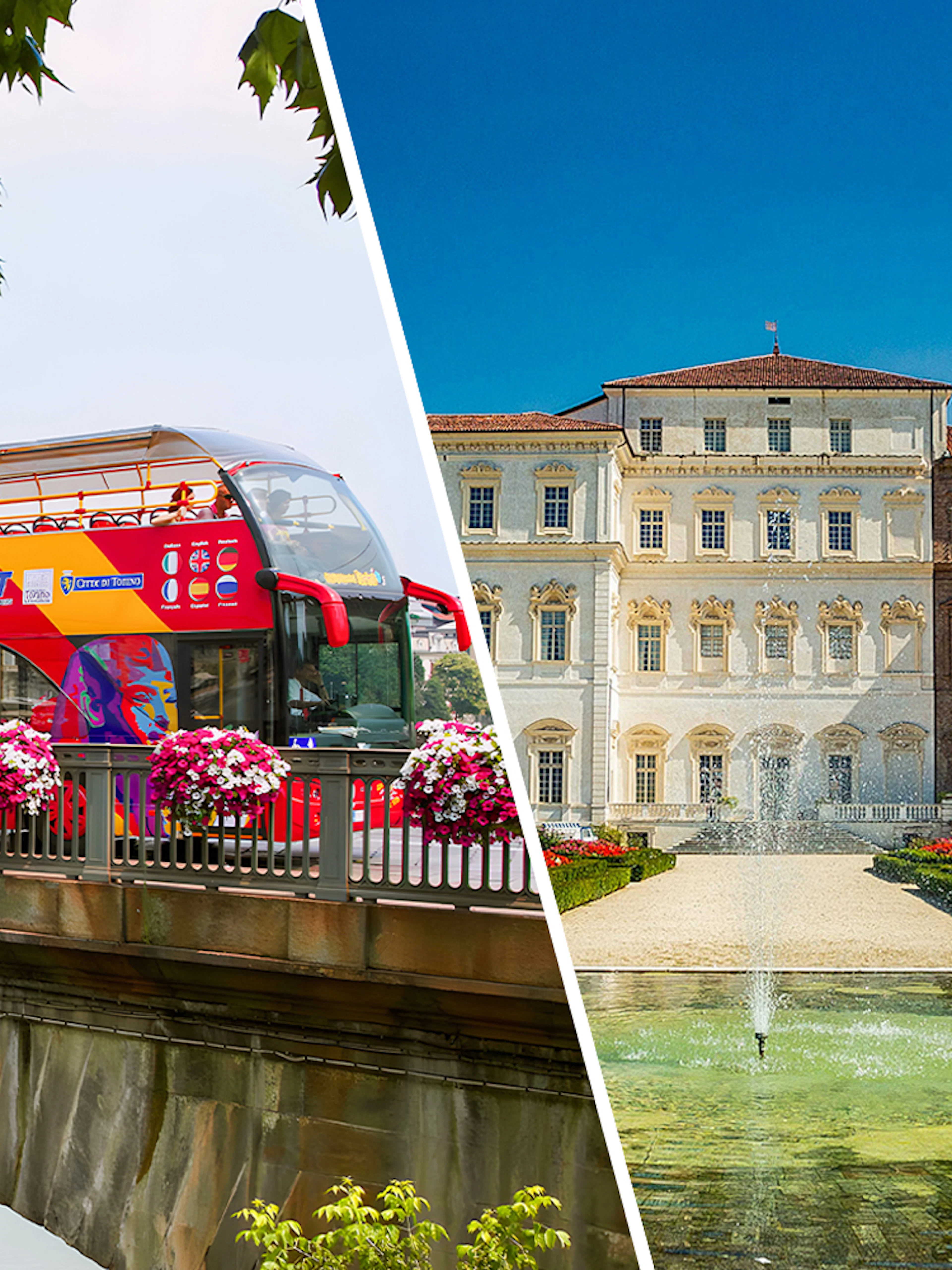 Turin sightseeing bus on bridge and Venaria Reale palace with garden fountain.