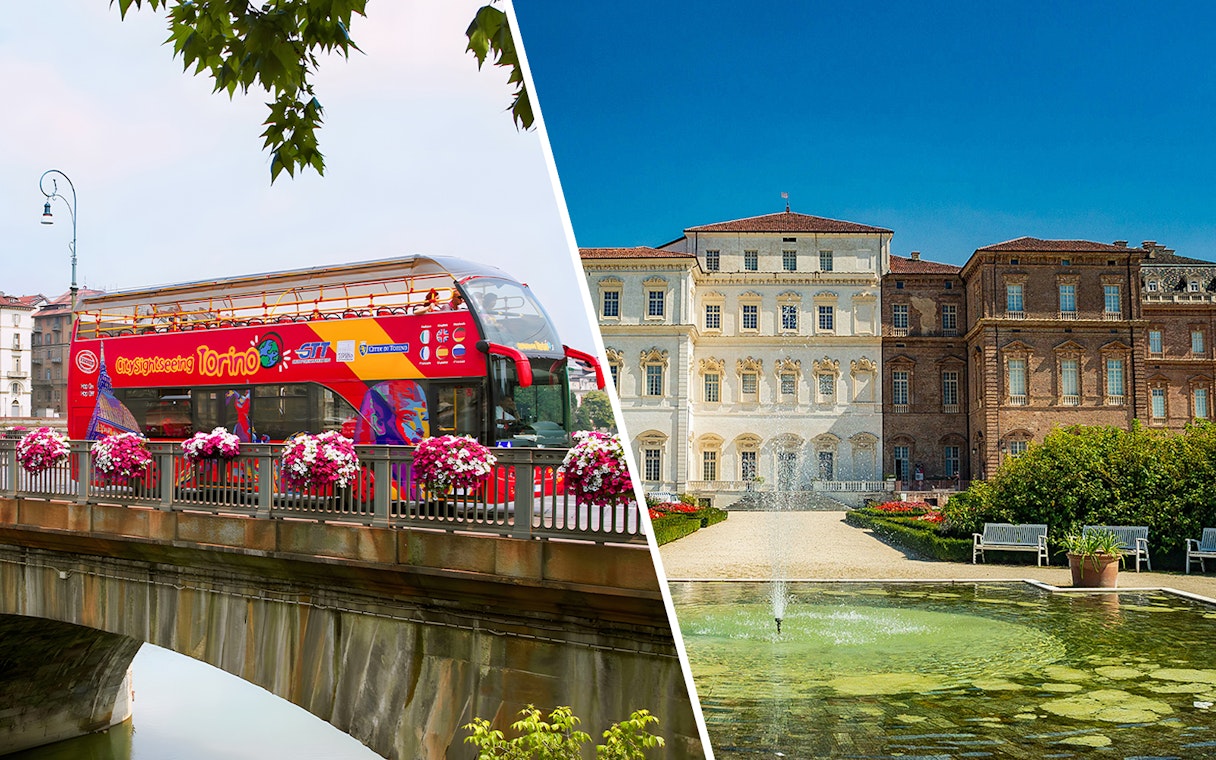 Turin sightseeing bus on bridge and Venaria Reale palace with garden fountain.