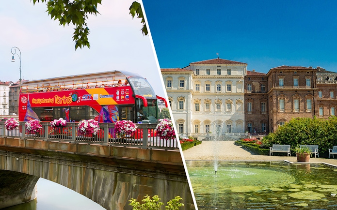 Turin sightseeing bus on bridge and Venaria Reale palace with garden fountain.
