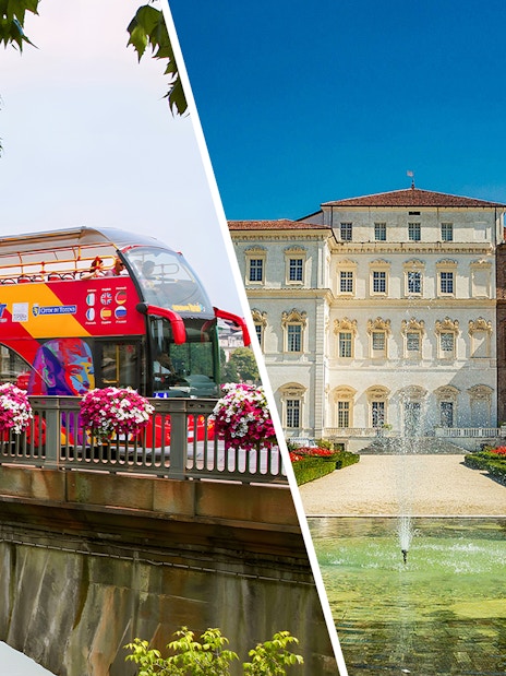 Turin sightseeing bus on bridge and Venaria Reale palace with garden fountain.