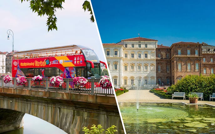 Turin sightseeing bus on bridge and Venaria Reale palace with garden fountain.