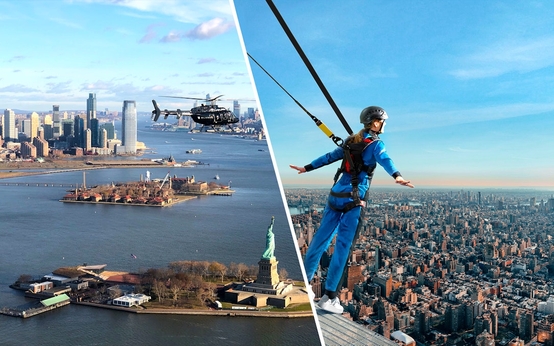 Helicopter over Statue of Liberty and person on edge walk above New York City skyline.
