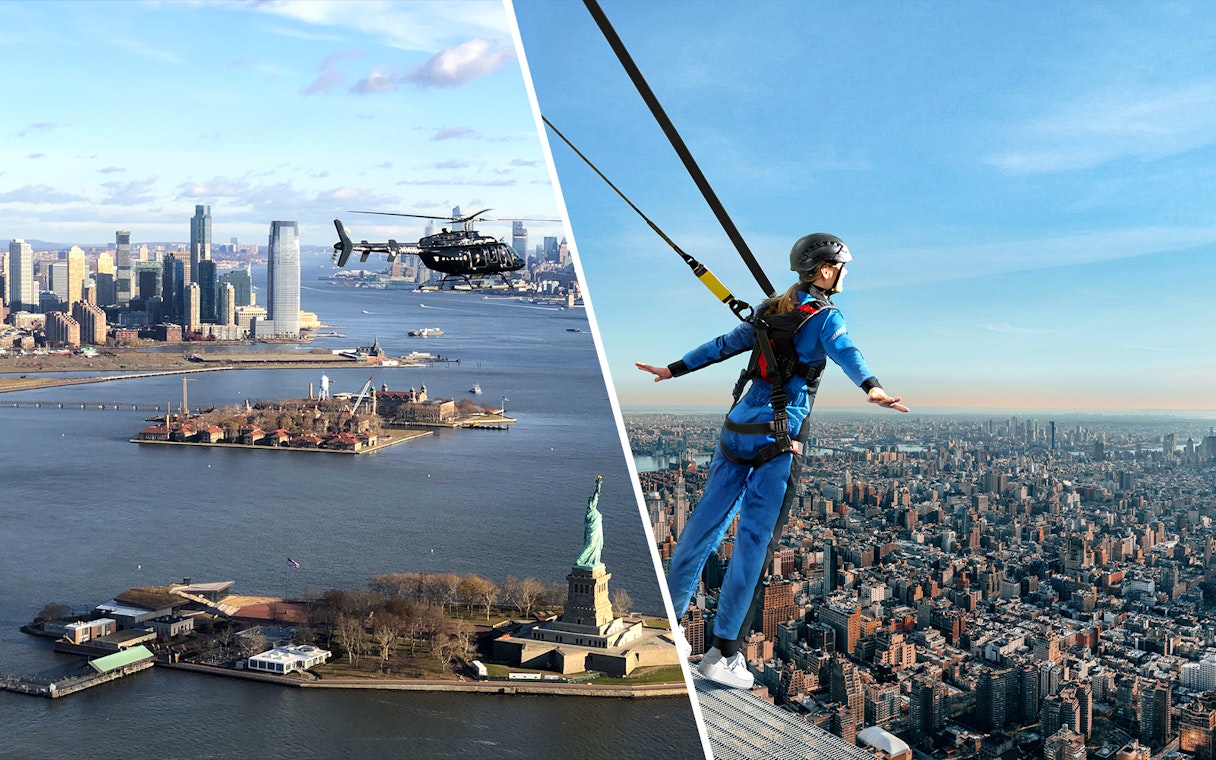 Helicopter over Statue of Liberty and person on edge walk above New York City skyline.