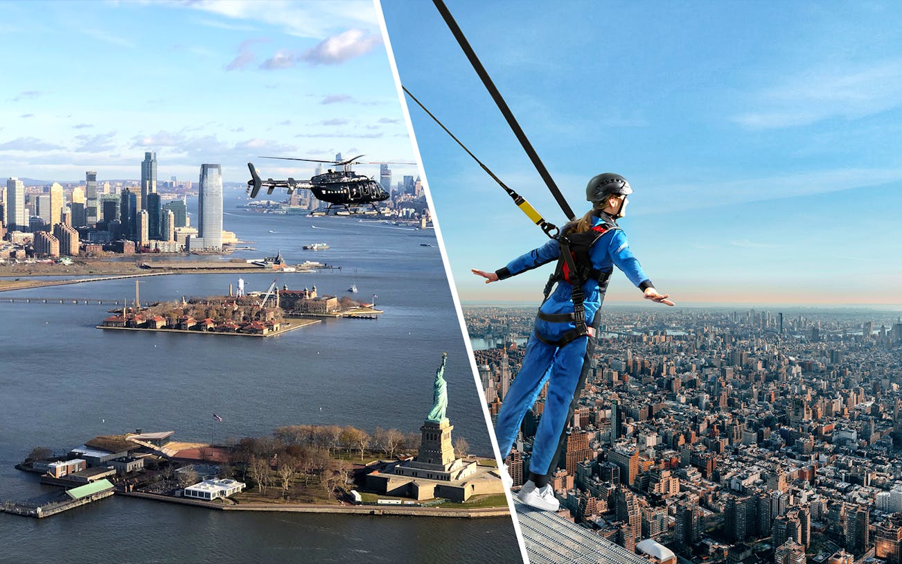 Helicopter over Statue of Liberty and person on edge walk above New York City skyline.