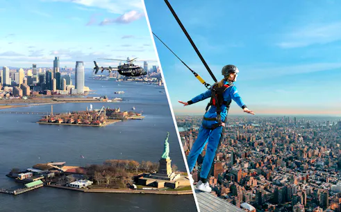 Helicopter over Statue of Liberty and person on edge walk above New York City skyline.