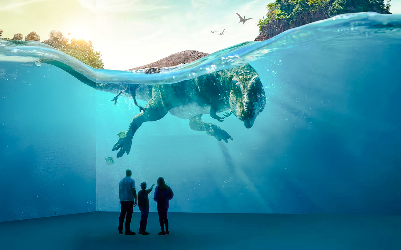 Visitors observing a dinosaur swimming in an immersive exhibit at Prehistoric Planet: Dinosaurs.
