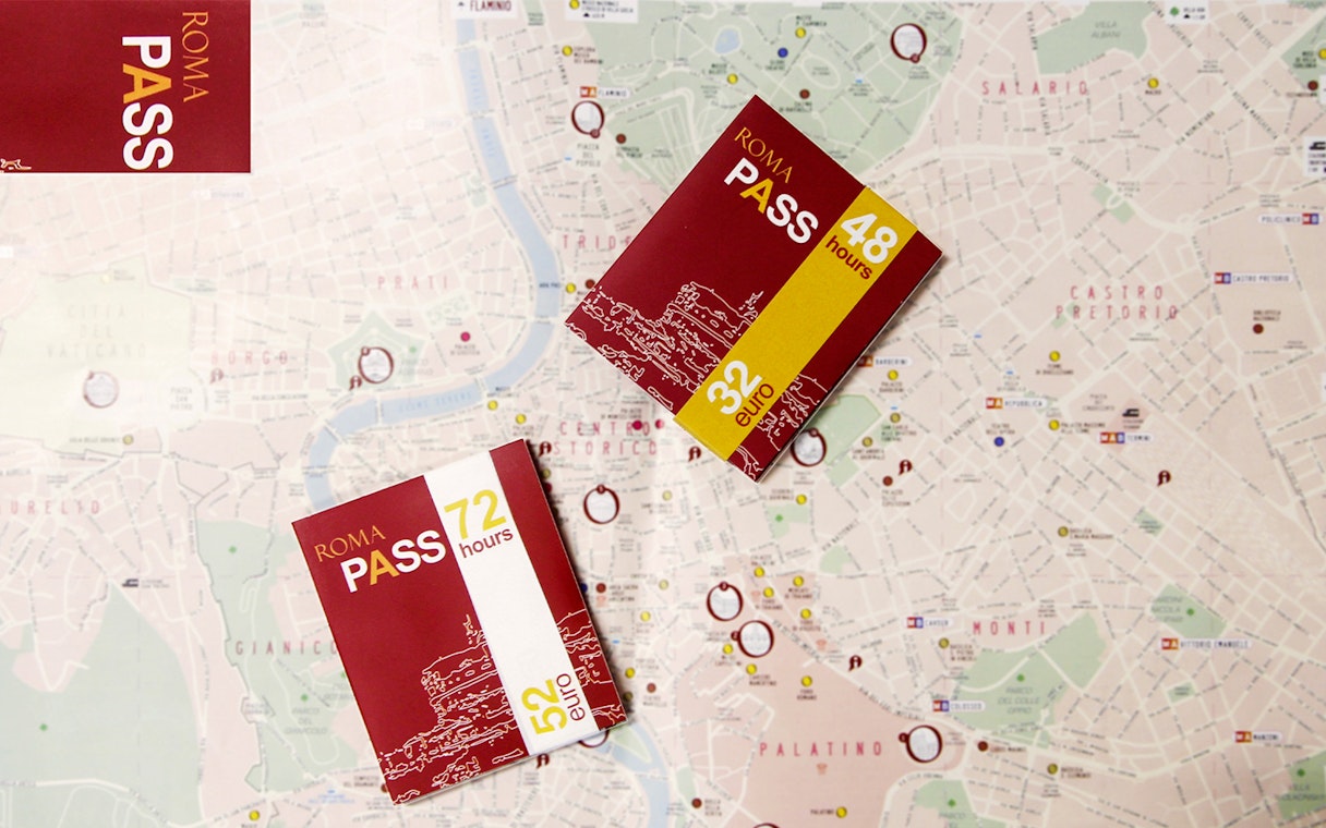 Vatican Museum and Rome Pass tickets on a city map background.