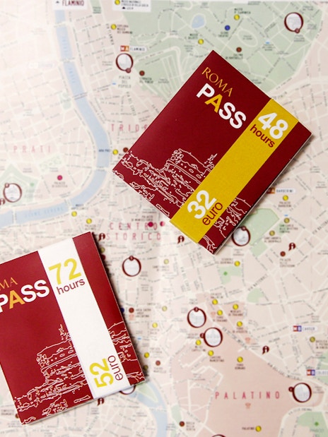 Vatican Museum and Rome Pass tickets on a city map background.